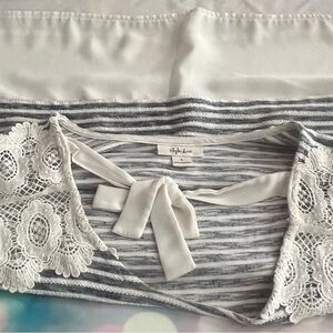 Style & Co. Gray Striped Top with Lace and Bow NWOT